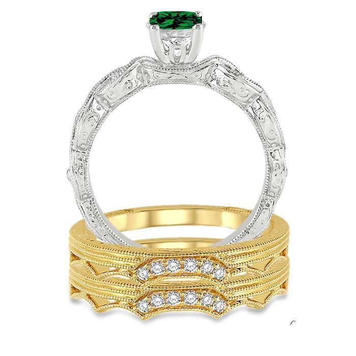 1.25 Carat Emerald & Diamond Vintage Trio Bridal Set Engagement Ring on 9k White Gold