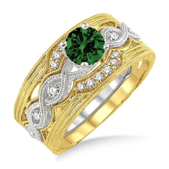 1.25 Carat Emerald & Diamond Vintage Trio Bridal Set Engagement Ring on White Gold