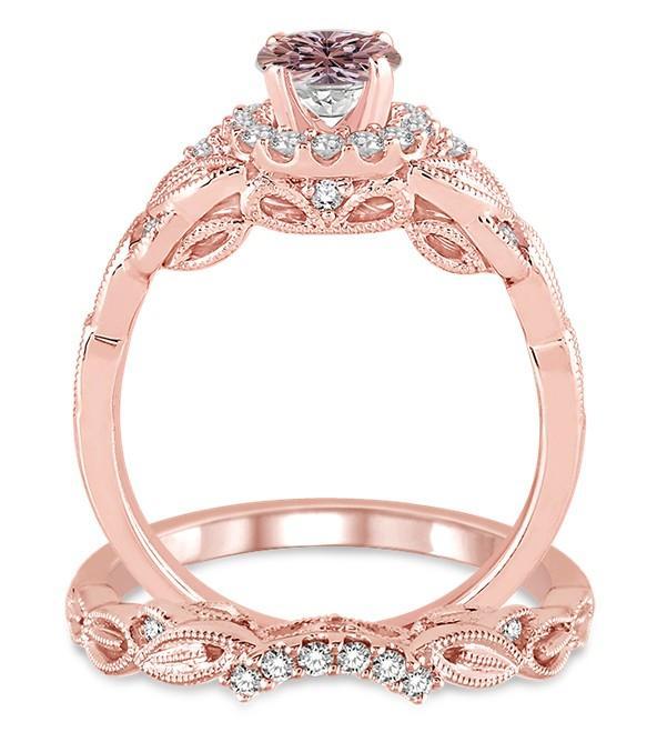 1.25 Carat Morganite & Diamond Vintage Floral Bridal Set Engagement Ring on Rose Gold