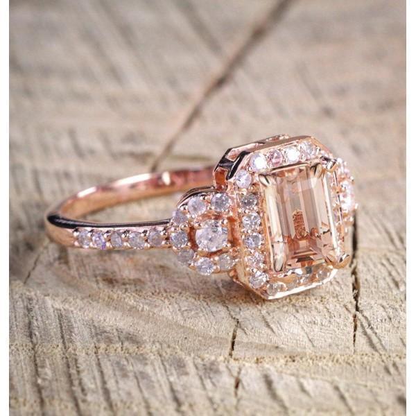 1.25 Carat Emerald Cut Peach Pink Morganite and Diamond Engagement Ring in Rose Gold