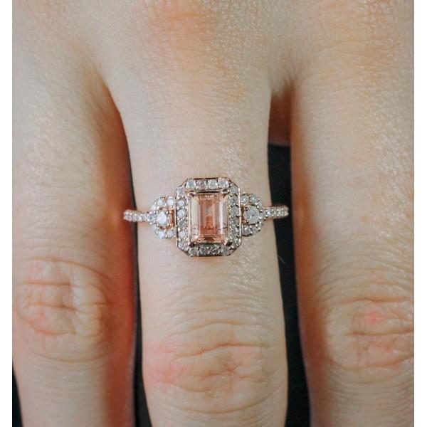 1.25 Carat Emerald Cut Peach Pink Morganite and Diamond Engagement Ring in Rose Gold