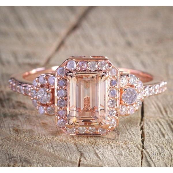 1.25 Carat Emerald Cut Peach Pink Morganite and Diamond Engagement Ring in Rose Gold