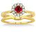 1.25 Carat Ruby & Diamond Bridal set Halo on 9k Yellow Gold
