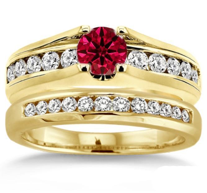 1.25 Carat Ruby & Diamond Bridal Set on 9k Yellow Gold