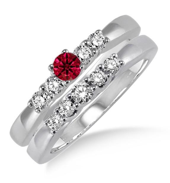 1.25 Carat Ruby & Diamond Elegant 5 stone Bridal Set on White Gold