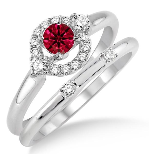 1.25 Carat Ruby & Diamond Elegant Flower Halo Bridal Set on 9k White Gold