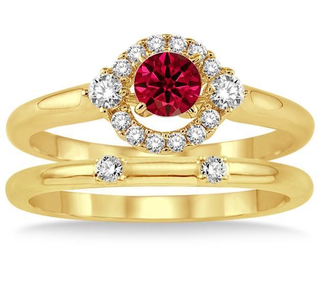 1.25 Carat Ruby & Diamond Elegant Flower Halo Bridal Set on 9k Yellow Gold
