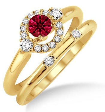 1.25 Carat Ruby & Diamond Elegant Flower Halo Bridal Set on 9k Yellow Gold