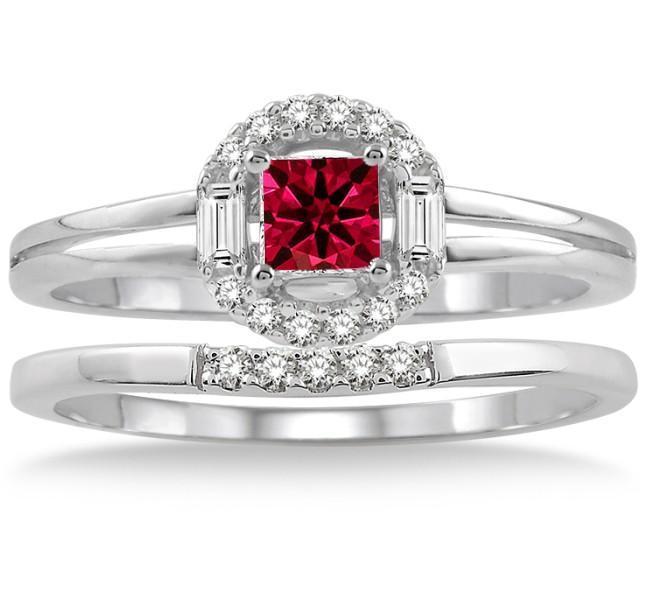 1.25 Carat Ruby & Diamond Elegant Halo Bridal Set on 9k White Gold