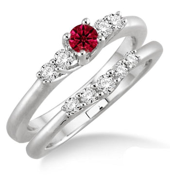 1.25 Carat Ruby & Diamond Inexpensive Bridal Set on 9k White Gold