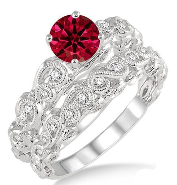 1.25 Carat Ruby & Diamond Infinity Antique Bridal set round cut diamond on 9k White Gold
