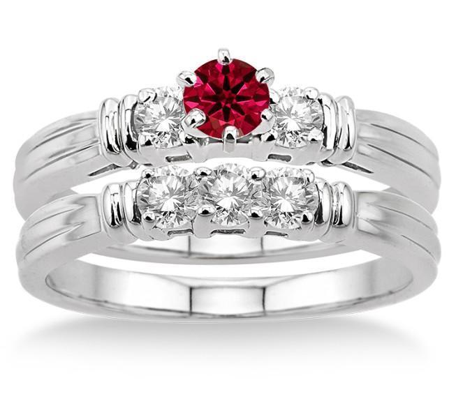 1.25 Carat Ruby & Diamond Three Stone Bridal Set on 9k White Gold