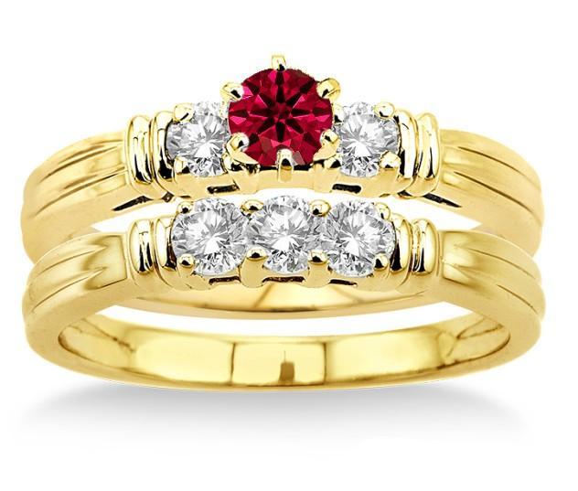 1.25 Carat Ruby & Diamond Three Stone Bridal Set on Yellow Gold