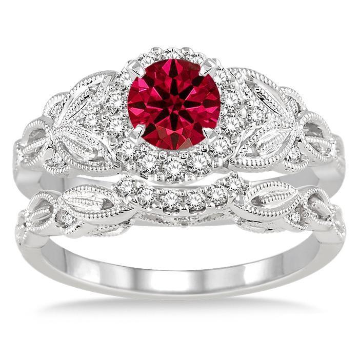 1.25 Carat Ruby & Diamond Vintage floral Bridal Set Engagement Ring on 9k White Gold