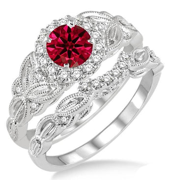 1.50 Carat Ruby & Diamond Vintage floral Bridal Set Engagement Ring on White Gold