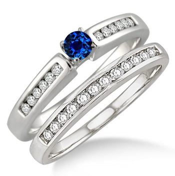 1 Carat Sapphire and Diamond Affordable Bridal Set in White Gold