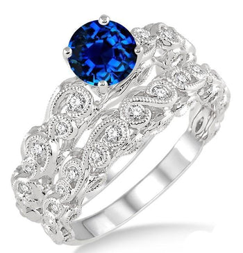 1.25 Carat Sapphire and Diamond Infinity Antique Bridal Set Round Cut Diamond in White Gold