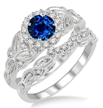 1.25 Carat Sapphire and Diamond Vintage Floral Bridal Set Engagement Ring in White Gold