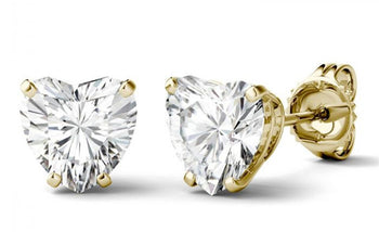 4 Prong 2 Carat Heart Cut Moissanite Solitaire Stud Earrings in Yellow Gold