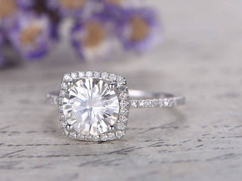 2 Carat Round Cut Moissanite and Diamond Halo Engagement Ring in White Gold
