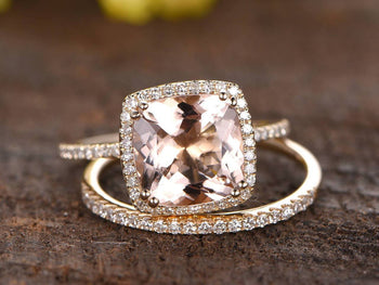 1.50 Carat Cushion Cut Morganite and Diamond Wedding Ring Set in Yellow Gold