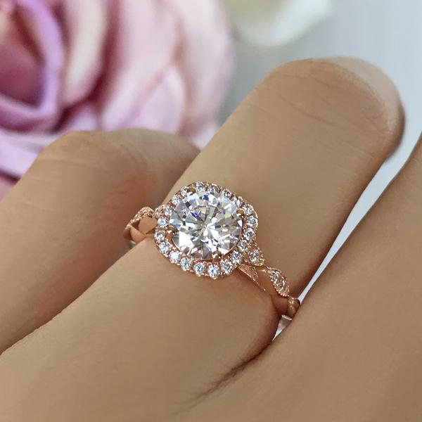 Art Deco 1.5 Carat Round Cut Halo Engagement Ring in Rose Gold over Sterling Silver