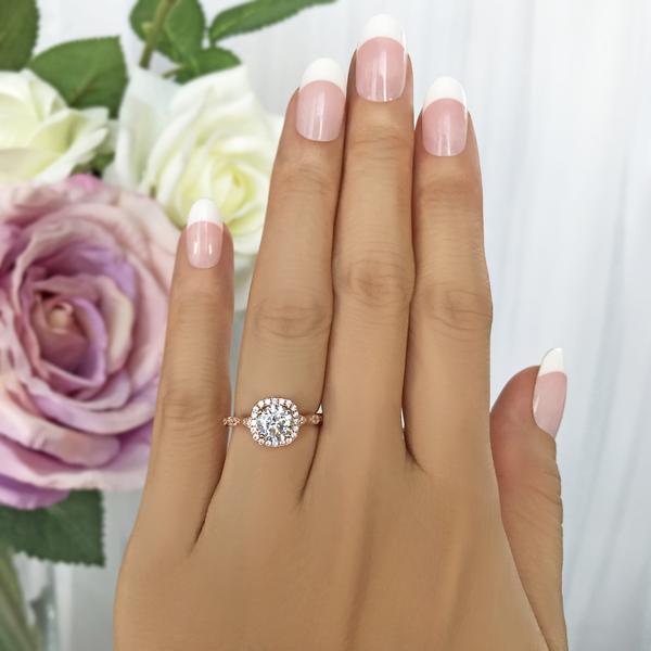 Art Deco 1.5 Carat Round Cut Halo Engagement Ring in Rose Gold over Sterling Silver