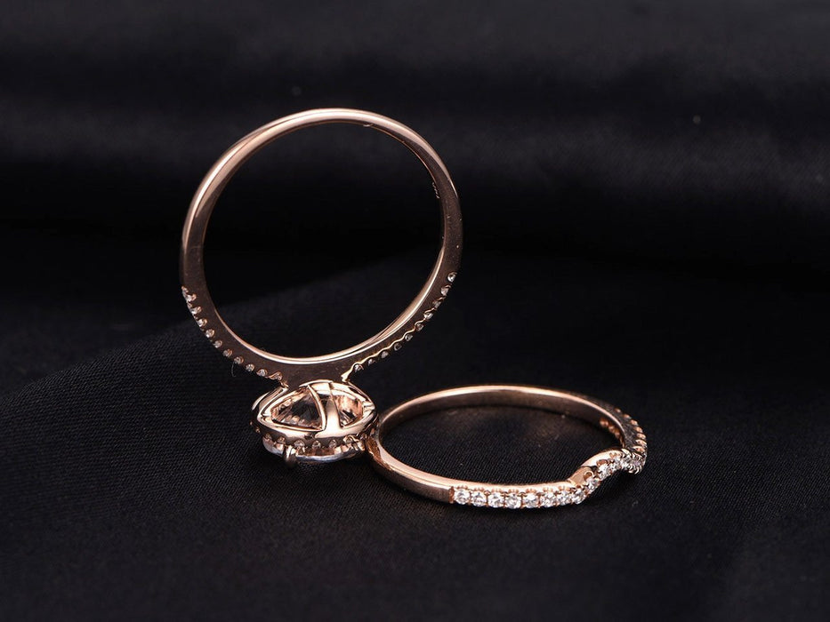 Perfect 1.50 Carat Morganite and Unique Diamond Wedding Bridal Ring Set in Rose Gold