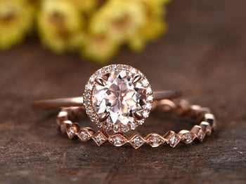 1.50 Carat Round Cut Solitaire Morganite and Diamond Wedding Ring Set  in Rose Gold