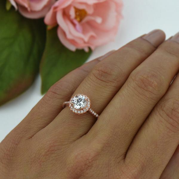Classic 1.5 Carat Round Cut  Halo Engagement Ring in Rose Gold over Sterling Silver
