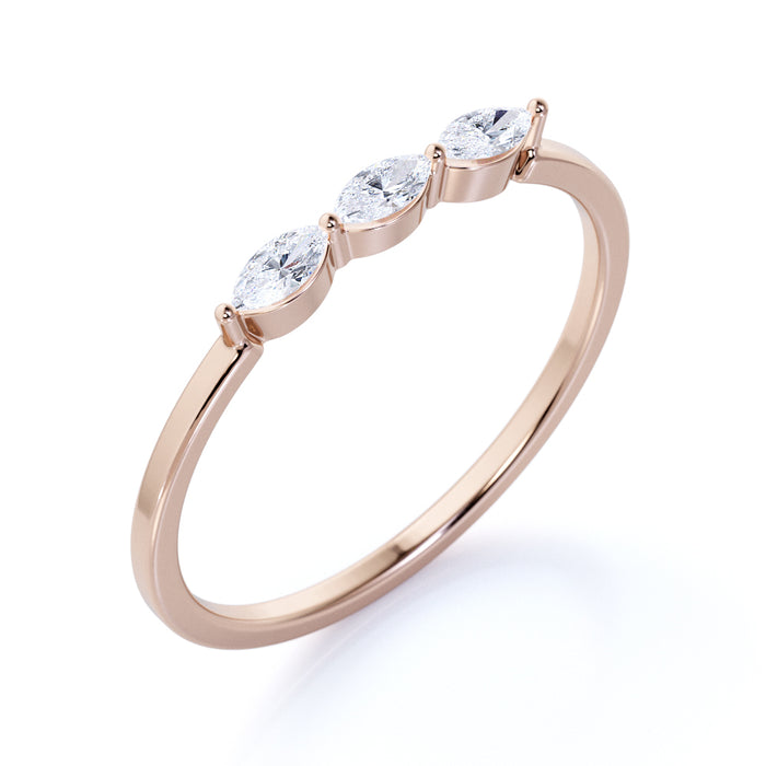 Dainty Marquise Cut Diamond Trio Stackable Wedding Ring Band in Rose Gold