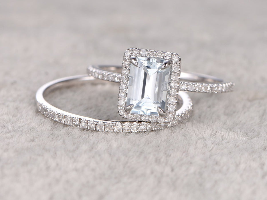 Perfect 2 Carat Emerald Cut Aquamarine and Diamond Bridal Ring Set in White Gold