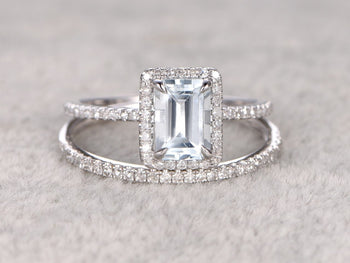 Perfect 2 Carat Emerald Cut Aquamarine and Diamond Bridal Ring Set in White Gold