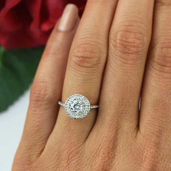 1 Carat Round Cut Designer Double Halo Engagement Ring in White Gold over Sterling Silver