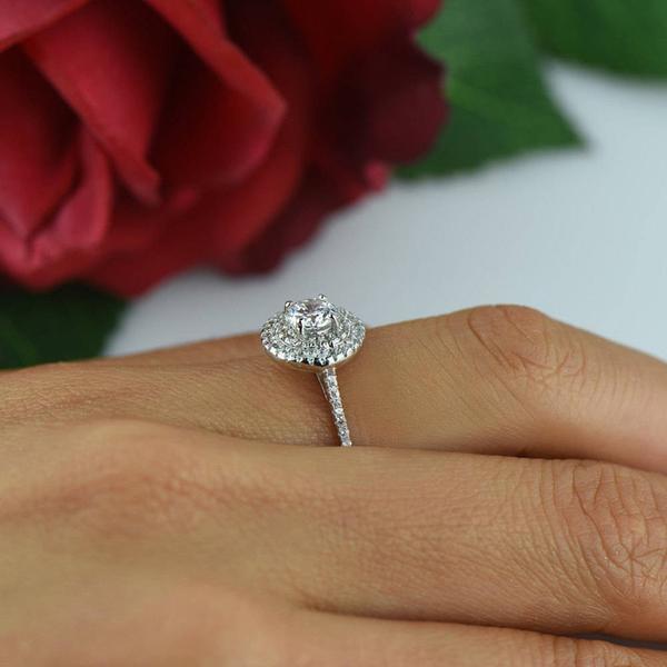 1 Carat Round Cut Designer Double Halo Engagement Ring in White Gold over Sterling Silver