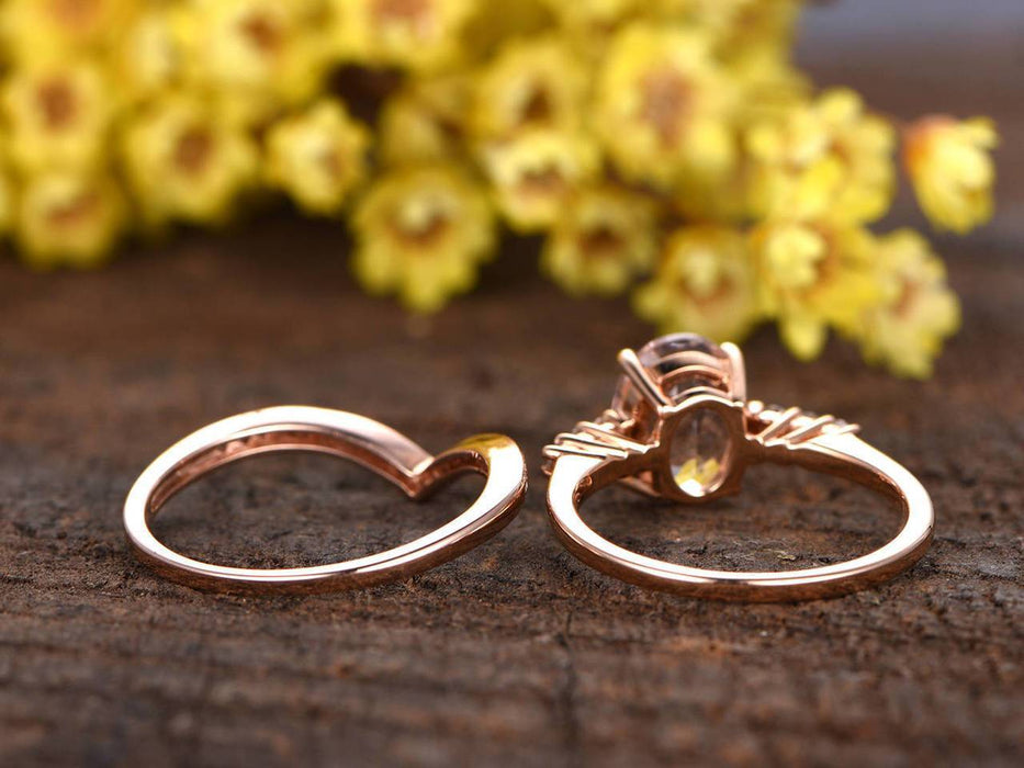 1.50 Carat Oval Cut Morganite and Diamond Wedding Bridal Set in Rose Gold