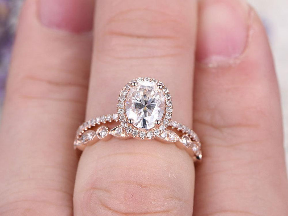 1.50 Carat Antique Art Deco Oval Cut Moissanite and Diamond Wedding Set in Rose Gold
