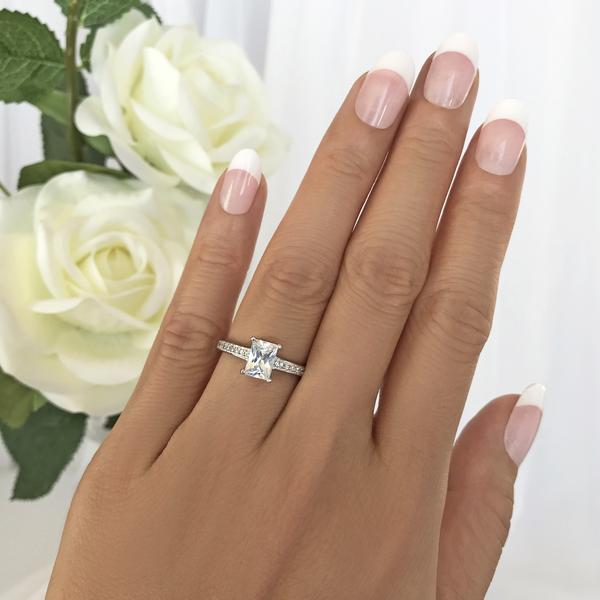 Final Sale: Radiant 1.25 Carat Emerald Cut Channel Accented Engagement Ring in White Gold over Sterling Silver