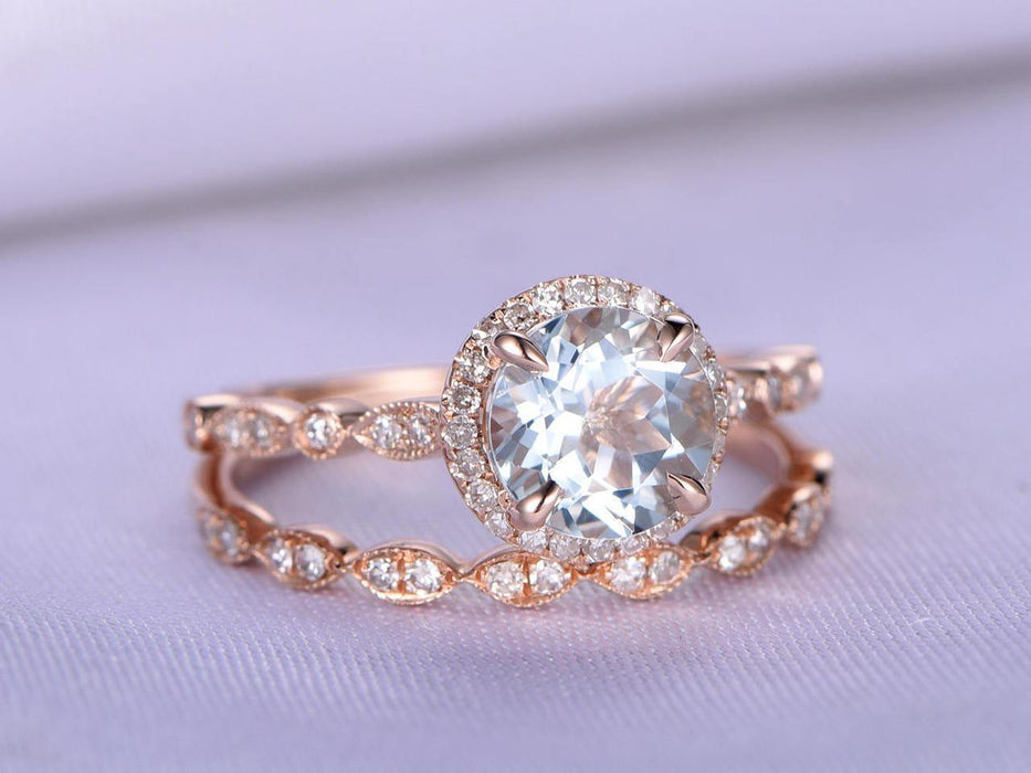 2 Carat Round Cut Aquamarine and Diamond Halo Wedding Ring Set in Rose Gold