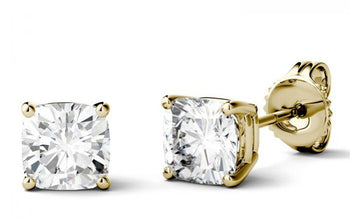 Minimalist 4 Prong 2 Carat Cushion Cut Moissanite Stud Earrings in Yellow Gold