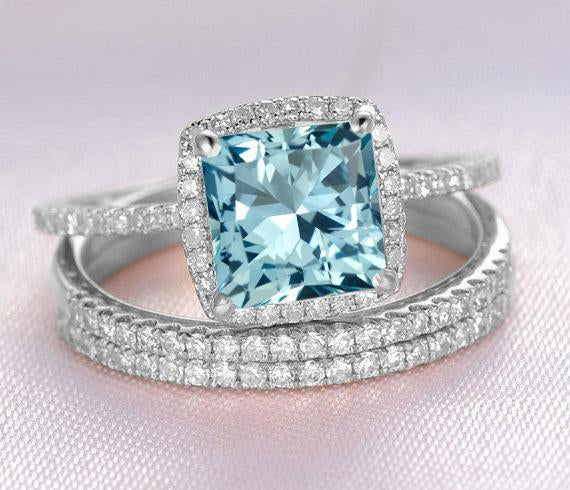 Bestselling 2.50 Carat Princess Cut Aquamarine and Diamond Trio Wedding Ring Set for Women in White Gold