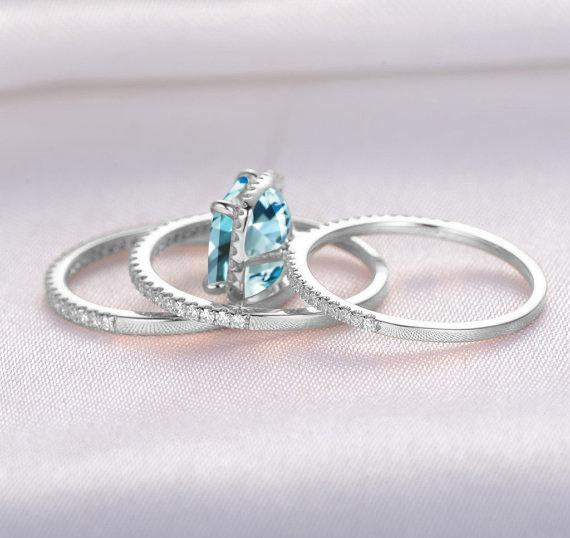 Bestselling 2.50 Carat Princess Cut Aquamarine and Diamond Trio Wedding Ring Set for Women in White Gold