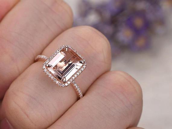 Unique Halo 1.50 Carat Emerald Cut Morganite and Diamond Engagement Ring in Rose Gold