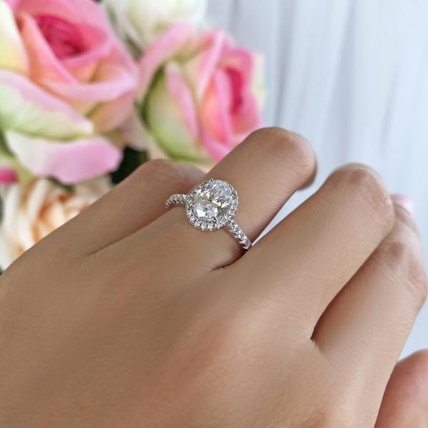 1.5 Carat Oval Cut Halo Engagement Ring in White Gold over Sterling Silver