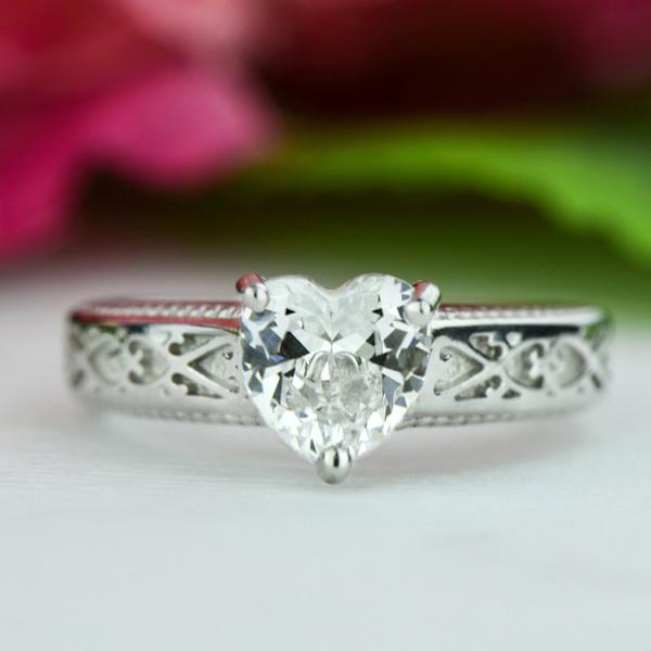 Final Sale 1 Carat Heart Cut Engraved Engagement Ring in White Gold over Sterling Silver