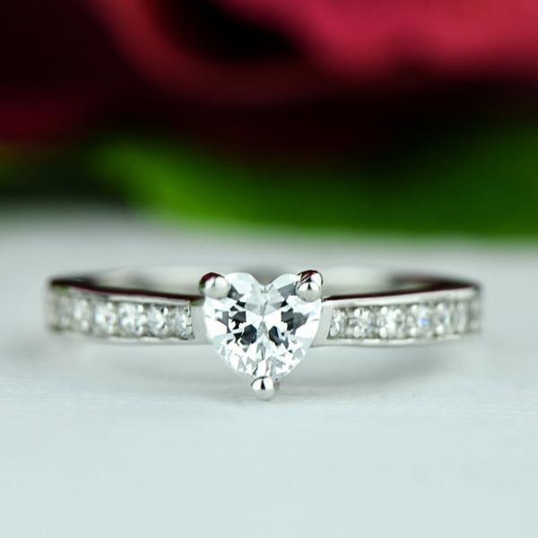 Accented 0.5 Carat Heart Cut Engagement Ring in White Gold over Sterling Silver