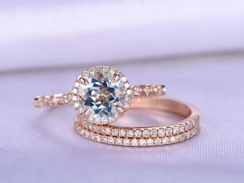 2.25 Carat Round Cut Aquamarine and Diamond Halo Trio Wedding Ring Set in Rose Gold