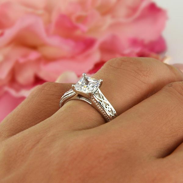 1.25 Carat Princess Cut Engraved Engagement Ring in White Gold over Sterling Silver