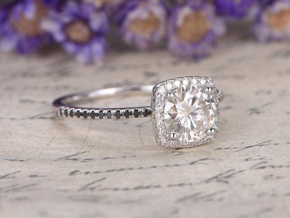 1.50 Carat Round Cut Moissanite and Black Diamond Halo Engagement Ring in White Gold