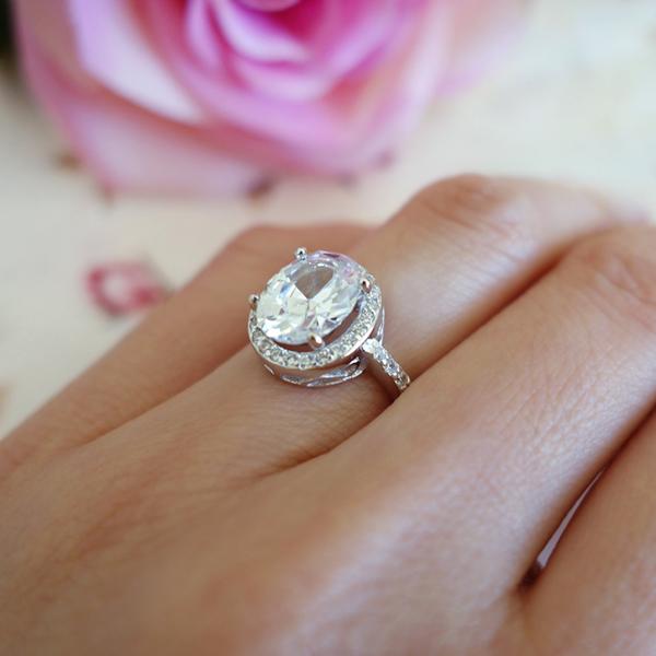 Final Sale 3 Carat Oval Cut Halo Filigree Engagement Ring in White Gold over Sterling Silver